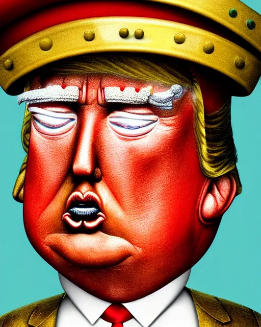 Image similar to closeup profile portrait of a tin toy donald trump as king henry viii, hyper realistic, artstation, illustration, concept art by nicoletta ceccoli, mark ryden, lostfish, max fleischer, digital paint, matte paint, vivid colors, bright, cheerful, detailed and intricate environment