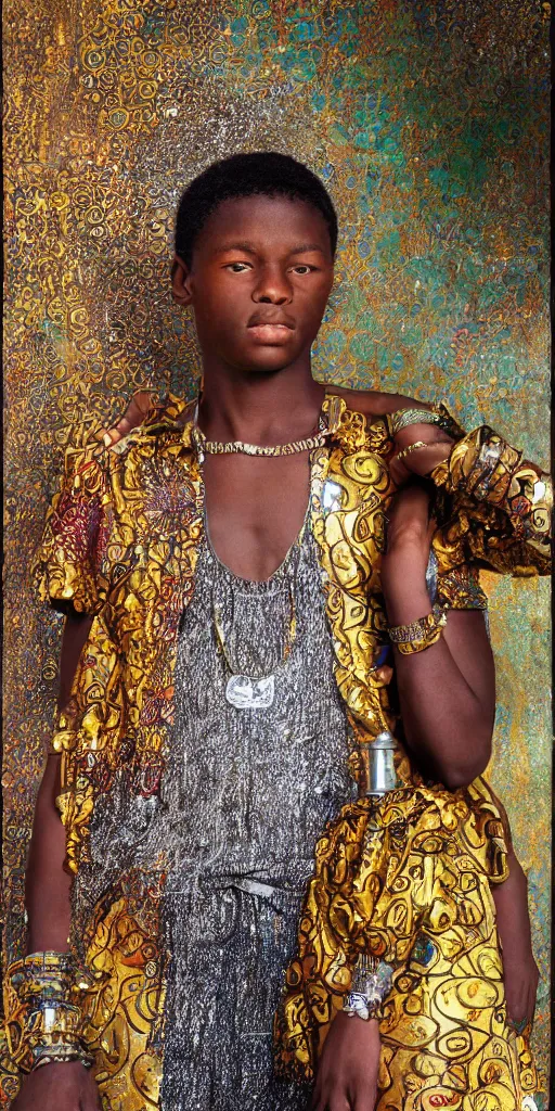 Prompt: extreme detail, african teenager playing with silver yo yo female, charles vess, gold silk intricate stitched patterned clothes, painted by klimt, hyperealistic, hdri lighting, octane