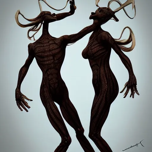 Image similar to Two elegant humanoid creatures fused at the shoulders dancing on their pointy limbs, high quality digital art, trending on ArtStation