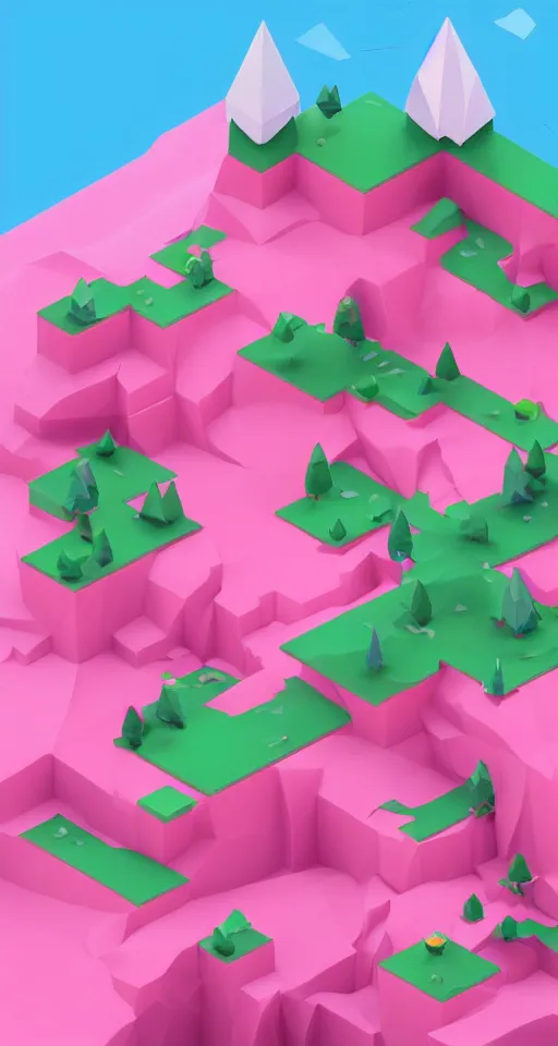 Prompt: matte 3d low poly cherry blossom island, pink waterfalls, isometric perspective on sky background, soft shadows, lat lighting, trending on artstation, 3d render, monument valley, fez video game,