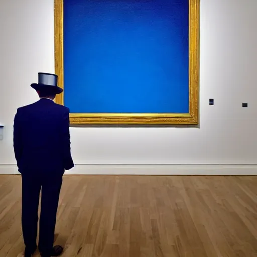 Image similar to in an art gallery, there is a huge painting of carmen herrera blue with white line. a man in a top hat and a suit is admiring the painting. cgsociety, surrealism, surrealist, dystopian art, purple color scheme