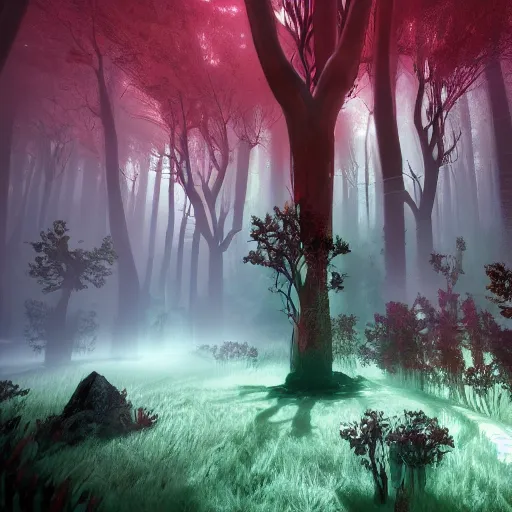 Prompt: crimson forest with a ghost in it, surreal, sharp focus, digital art, epic composition, concept art, dynamic lighting, intricate, highly detailed, 8 k, unreal engine, blender render