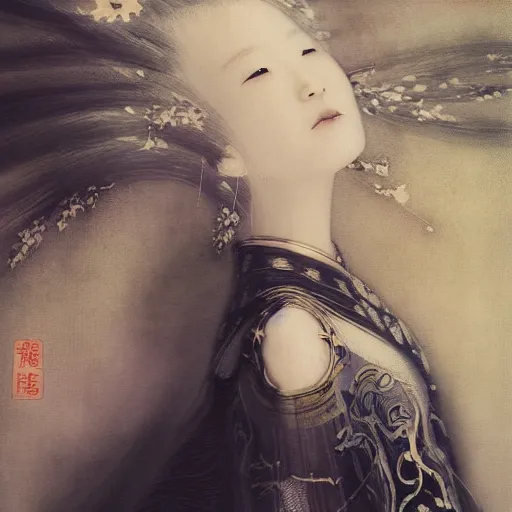 Prompt: yoshitaka amano blurred and dreamy realistic illustration of a japanese woman with black eyes, wavy white hair fluttering in the wind wearing elden ring armor with engraving, abstract patterns in the background, noisy film grain effect, highly detailed, renaissance oil painting, weird portrait angle, blurred lost edges, three quarter view