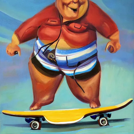 Prompt: happy fat man in a hawaiian shirt, skateboarding, oil on canvas