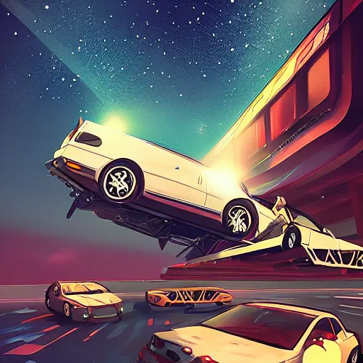 Image similar to under a trillion stars, we've danced on top of cars, digital art, artstation