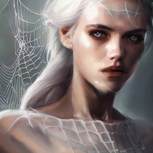 Image similar to full body portrait of white haired girl in spider man suit, super hero, webs, highly detailed, very beautiful face, very detailed eyes, digital art, artstation, concept art, smooth, sharp focus, greg rutkowski, wlop