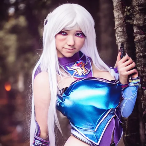 Image similar to photograph of a girl cosplaying Crystal Maiden from Dota 2, HD, award winning photography, uploaded on Facebook, highly detailed, Dota2!!!!! ice!!!