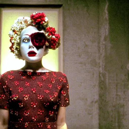 Image similar to movie still of the girl with the flowers head, cinematic composition, cinematic light, by edgar wright and david lynch, surrealist cinema