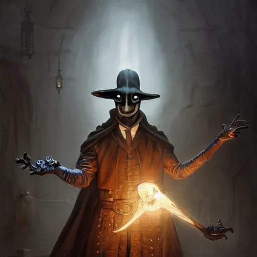 Image similar to plague doctor, Wearing light armor, Casting a multi colored spell, highly detailed, concept art, D&D, Fantasy, Digital Painting, award winning film, 4k, by Viktor Antonov, Greg Rutkowski