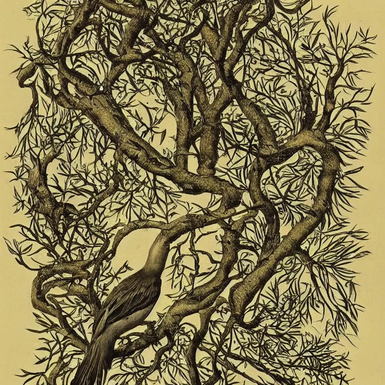 Image similar to bird in a mysterious forest , by ernst haeckel :: pyrography :: very beautiful! dreamy, poetic, melancholy