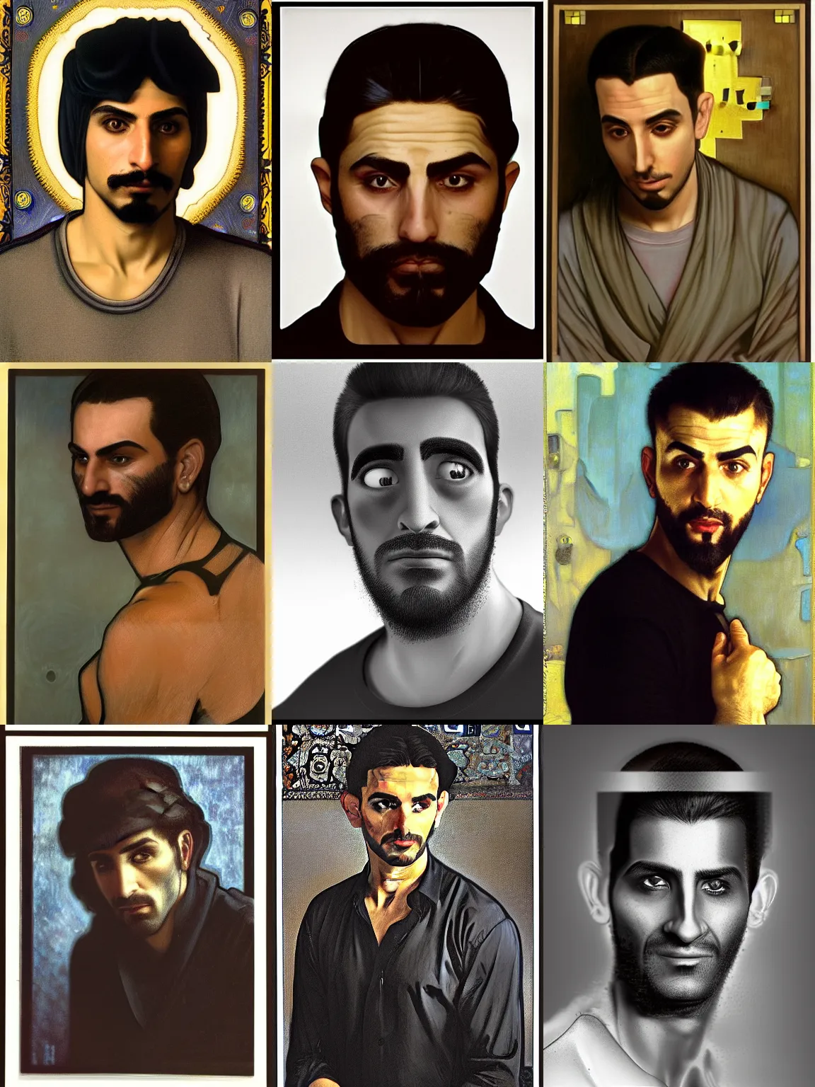 Image similar to portrait of a modern middle-eastern man wearing a dark shirt, upper body 2d game avatar, Donato Giancola, Kodak film stock, chiaroscuro lighting, default pose neutral expression, face-on head shot, close-up, eye-contact, sharp focus, shape language, Alphonse Mucha/Gustav Klimt style, alpha masked transparent flat grey background, 4k, volumetric lighting, French Nouveau, trending on artstation, octane render, ultra detailed, hyperrealistic