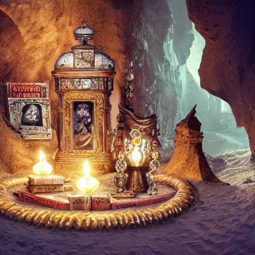 Image similar to epic Photo of an ancient dark byzantine cave interior, ornate oil lamp on a pile of crystals, books covered in jewels, ornate, surrounded by strange crystals and treasure, full of sand and glitter, hyper real, Indiana Jones, Tomb Raider, trending on artstation, concept art, cinematic, jewels, 35mm lens