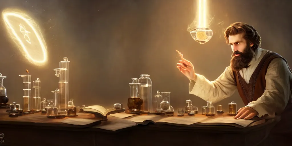 Image similar to a handsome bearded caucasian male sorcerer with brown hair he is casting a spell from a open book on the table, he is in a alchemist lab filled with beakers and equipment, neutral pose, epic composition, 4 k, light rays, super coherent, by dave melvin, dan luvisi and greg rutkowski