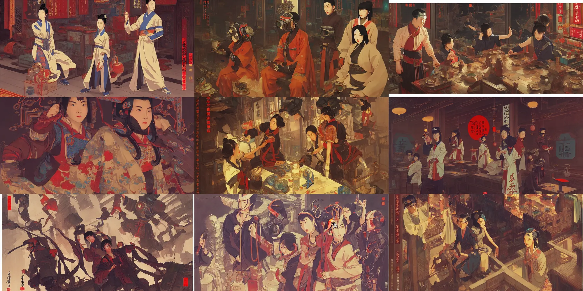 Prompt: ming dynasty, cyberpunk, in the style of studio ghibli, j. c. leyendecker, greg rutkowski, artem