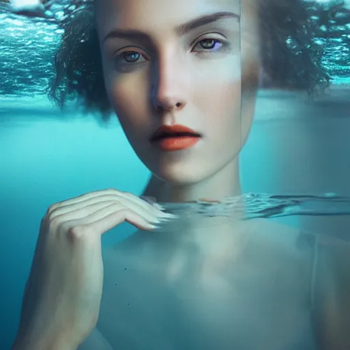 Prompt: alluring portrait woman made of glass emerging out of the ocean at sunset, realistic reflections, translucency, ray tracing, 3 - d render, intricate details, masterpiece, surreal, style of jovana rikalo