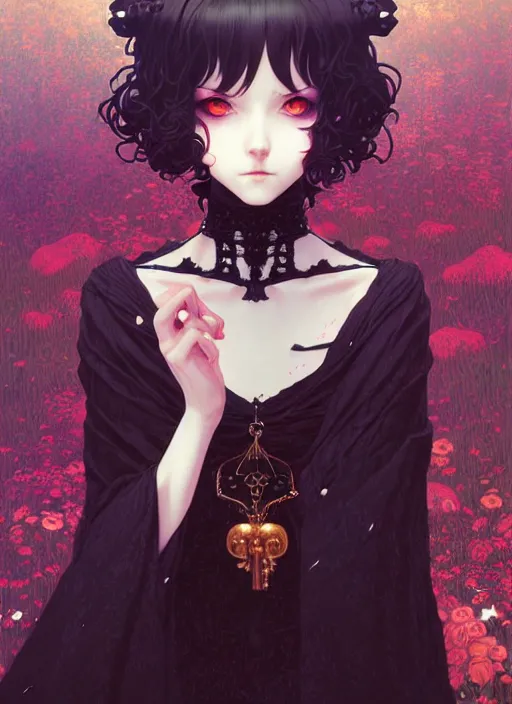 Prompt: portrait of beautiful gothic girl, cute face, intricate, highly detailed, digital painting, official media, anime key visual, concept art, rich vivid colors, ambient lighting, sharp focus, illustration, art by wlop and ilya kuvshinov and makoto shinkai and range murata and gustav klimt