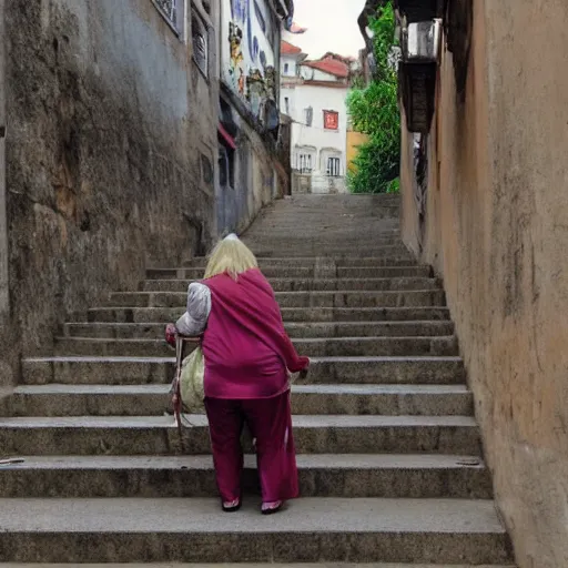 Image similar to a blonde woman with a fat Indian woman holding a rollator on steps in Porto, greg rutkowski