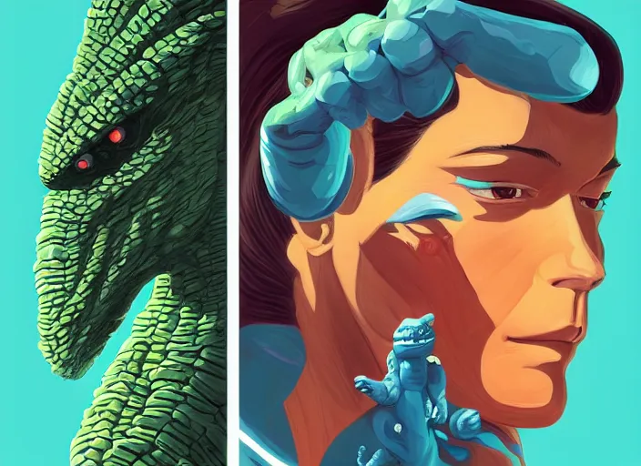 Image similar to godzilla vs. gumby painting, tristan eaton, victo ngai, artgerm, rhads, ross draws