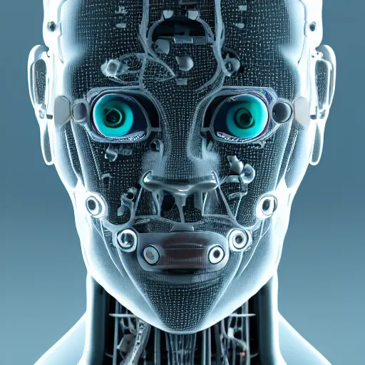 Image similar to very detailed portrait 55mm photo of a mechanical metallic head without skin, optic fiber nerves, gears in his head and cybernetic enhancements with no plating. Packed with cybernetics. Has cameras for eyes. In the forest with bokeh. Ray tracing and tessellation. Very sharp high detailed 8k image