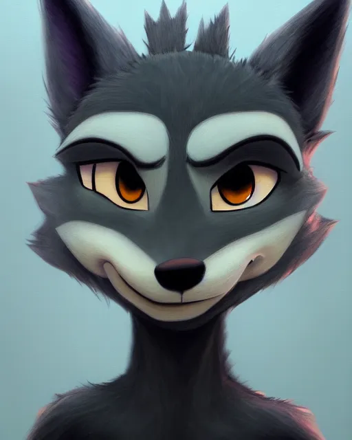 Image similar to dark oil painting of anthromorphic female wolf, in style of zootopia, zootopia, zootopia, fursona, furry, furaffinity, 4 k, deviantart, furry art, fursona art, wearing black business suit, business suit, in style of zootopia, wolf fursona, cyberpunk, female, very very very expressive detailed feminine face,