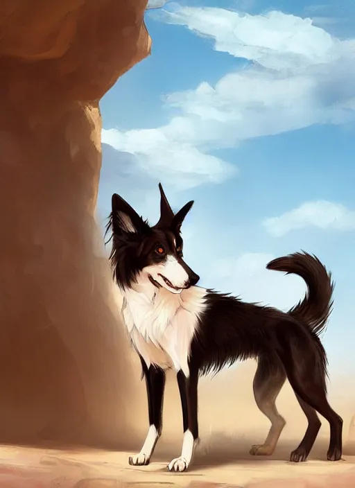 Prompt: beautiful wide angle full body portrait of a cute male anthropomorphic anthro border collie fursona in a desert, character design by charlie bowater, henry asencio, and ross tran, scenic background, detailed, glamor pose, aesthetic, furry, trending on artstation, furaffinity, deviantart