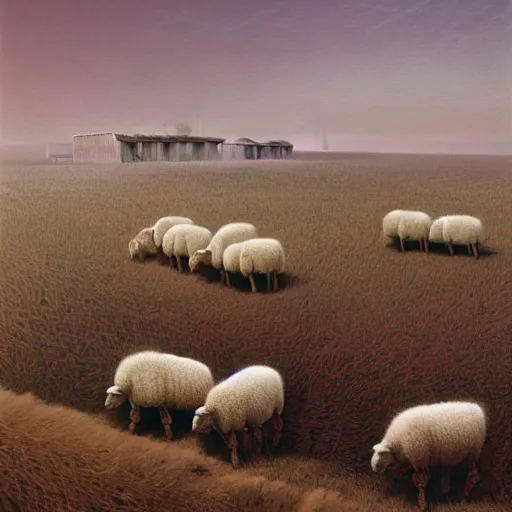 Prompt: sheeps in a farm after nuclear winter, dystopian surrealism by zdzisław beksinski, digital painting, vibrant color