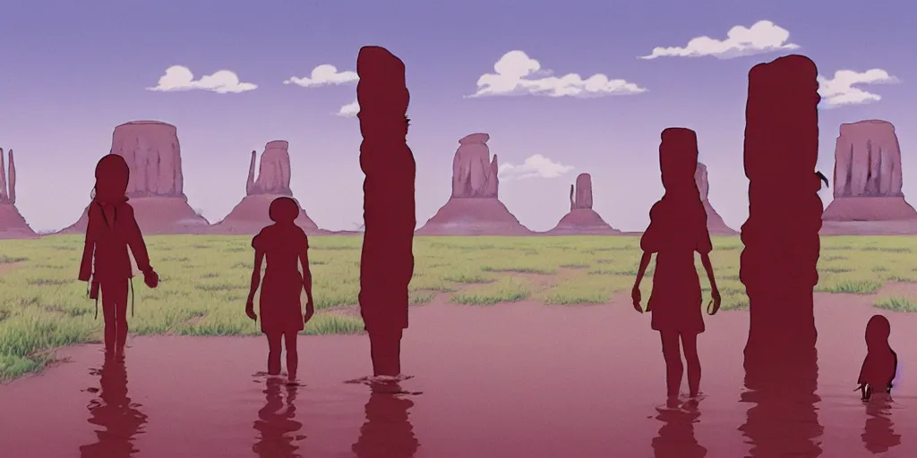 Prompt: a realistic cell - shaded studio ghibli concept art from paprika ( 2 0 0 6 ) of a giant monk meditating and a small witch dancing from close encounters of the third kind ( 1 9 7 7 ) in a flooded monument valley stonehenge. very dull colors, wide shot, hd, 4 k, hq