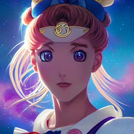 Image similar to highly detailed vfx portrait of sailor moon!!! by eiichiro oda!, stephen bliss, greg rutkowski, loish, rhads, beeple, makoto shinkai, tom bagshaw, alphonse mucha, sharp focus, art by artgerm and greg rutkowski, stanley kubrick, backlit, harsh overhead sunlight,