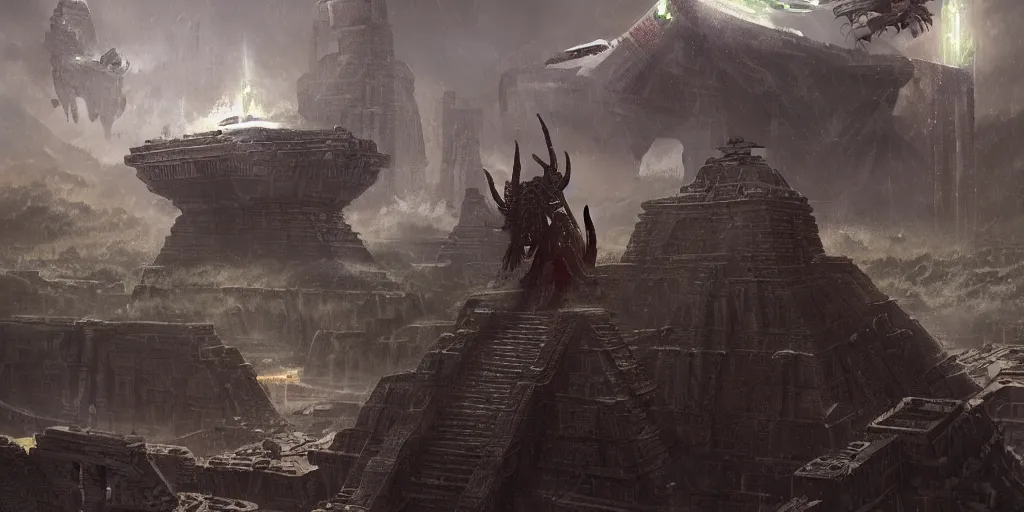 Image similar to A fierce Aztec warrior watches ominous alien spacecraft flying above the Aztec temple. Intense dramatic epic sci-fi cinematic concept artwork in the style of Jacek Pilarski and Greg rutkowski and Sylvain Lorgeou. Panoramic view. Trending on artstation