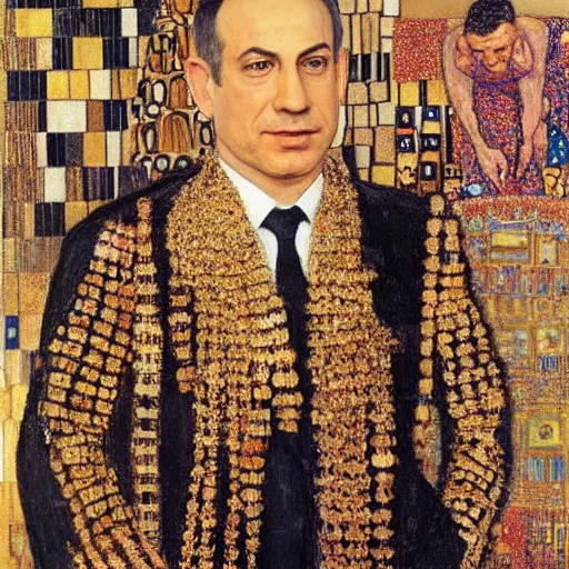 Image similar to a portrait of benjamin netanyahu wearing gold garbs and jewels, by gustave klimt