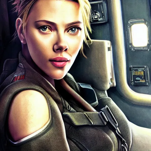 Image similar to a photo of scarlett johanson in fighter aircraft cabin, high detail, trending on artstation