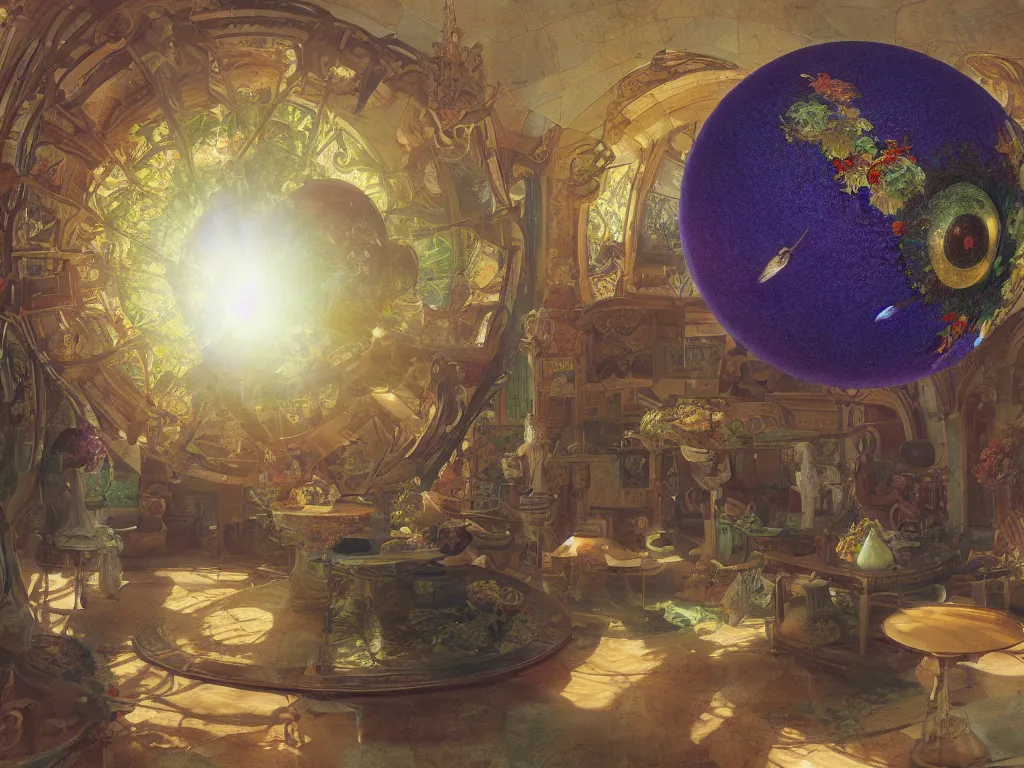 Image similar to 3 d render, sunlight study, the universe is a spheroid region 7 0 5 meters in diameter, art nouveau, by cornelis de heem and ( ( ( ( ( lisa frank ) ) ) ) ), 8 k, sharp focus, octane render