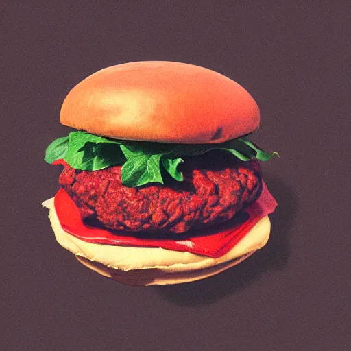 Prompt: vintage analog product photography of a leather hamburger, 70s design, bright red, studio lighting, film grain, lensflare, color bleed, glare