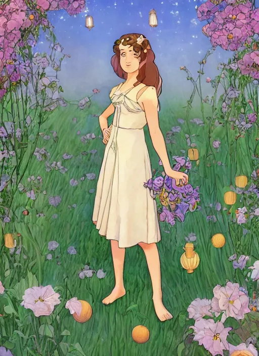 Image similar to well - lit art nouveau portrait of a 1 3 - year old girl wearing a sundress in a flower garden with lanterns at night, natural lighting, path traced, highly detailed, high quality, cartoon, digital painting, by don bluth and ross tran and studio ghibli