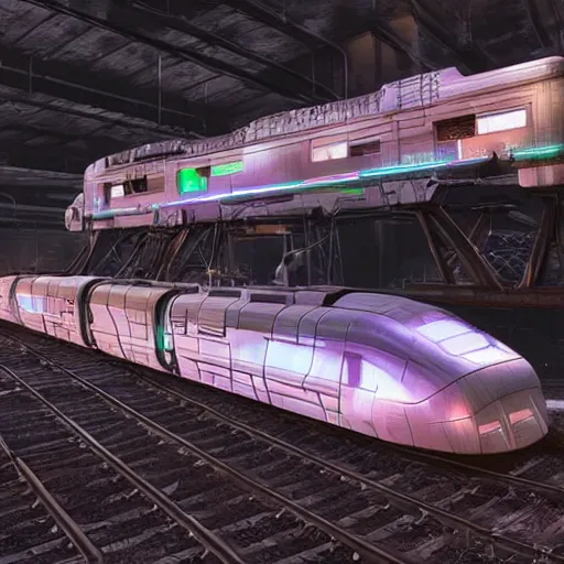 Image similar to Immense industrial futuristic train arrives at cyber punk city station, cinematic lighting, concept art