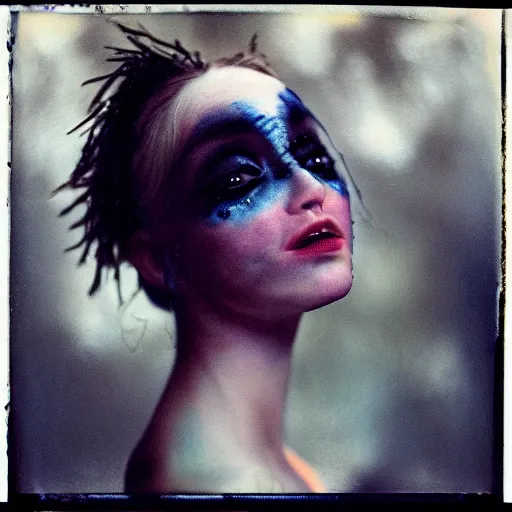 Prompt: kodak portra 4 0 0, wetplate, photo of a surreal artsy dream scene,, european model, weird fashion, ultra - realistic face, extravagant dress, carneval, animal, wtf, photographed by paolo roversi style