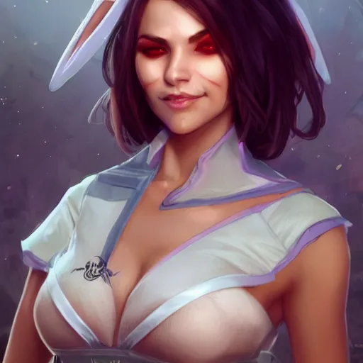 Image similar to reyna ( valorant ) wearing a bunny suit, cg animation, riot entertainment, realistic, character select portrait, by artgerm, greg rutkowski, alphonse mucha, unreal engine 5, trending on artstation, full body