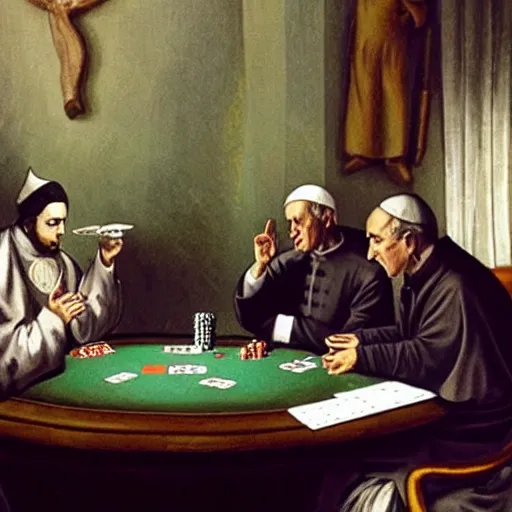 Prompt: the pope playing poker with the devil