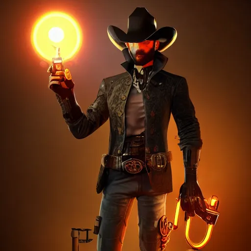 Prompt: a futuristic cowboy holding a glowing revolver in a steampunk themed bar, unreal engine fantasy art, trending on artstation, digital art, beautiful composition