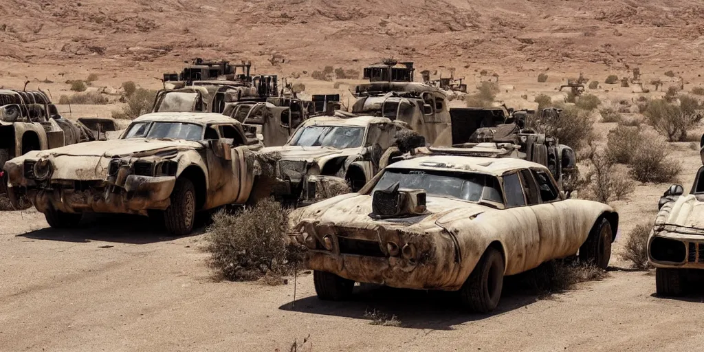 Image similar to mad max inspired vehicle convoy driving through abandoned city square with desert vegetation all around, panorama