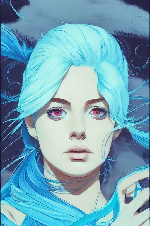 Prompt: portrait painting of a teenage girl with swept back wild blue hair, smirking, fashionable, windy, sharp focus, award - winning, cinematic pose, cinematic lighting, trending on artstation, masterpiece, highly detailed, intricate. art by josan gonzales and moebius and deathburger