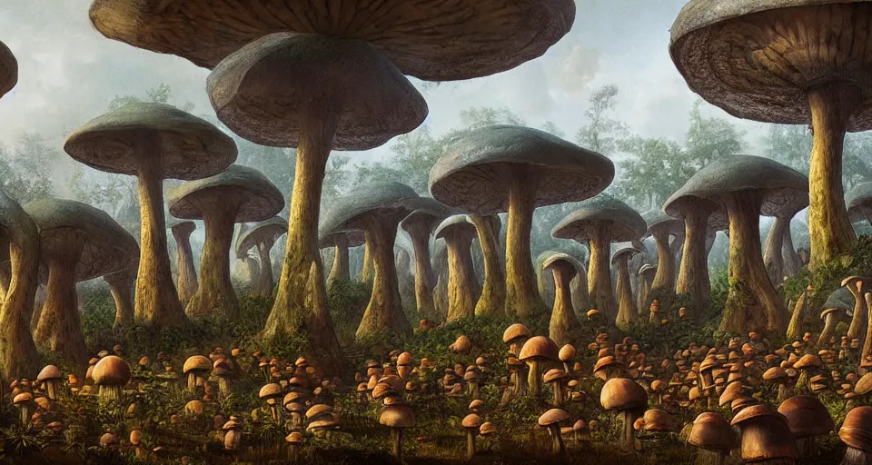 Image similar to A tribal village in a forest of giant mushrooms, by André François