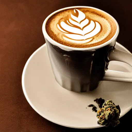 Image similar to a coffee cup with smoke coming from it, on the table it has marijuana blunts