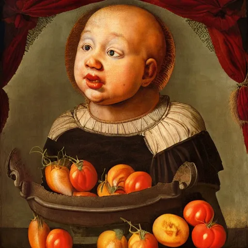 Image similar to a boy sitting in a tub full of tomato sauce, the moon is made by bananas, by giuseppe arcimboldo, renaissance, portrait, fruit, detailed oil paint, high definition