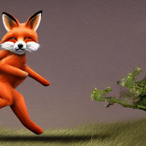 Image similar to A photorealistic fox robbing a bunny and running away with the loot