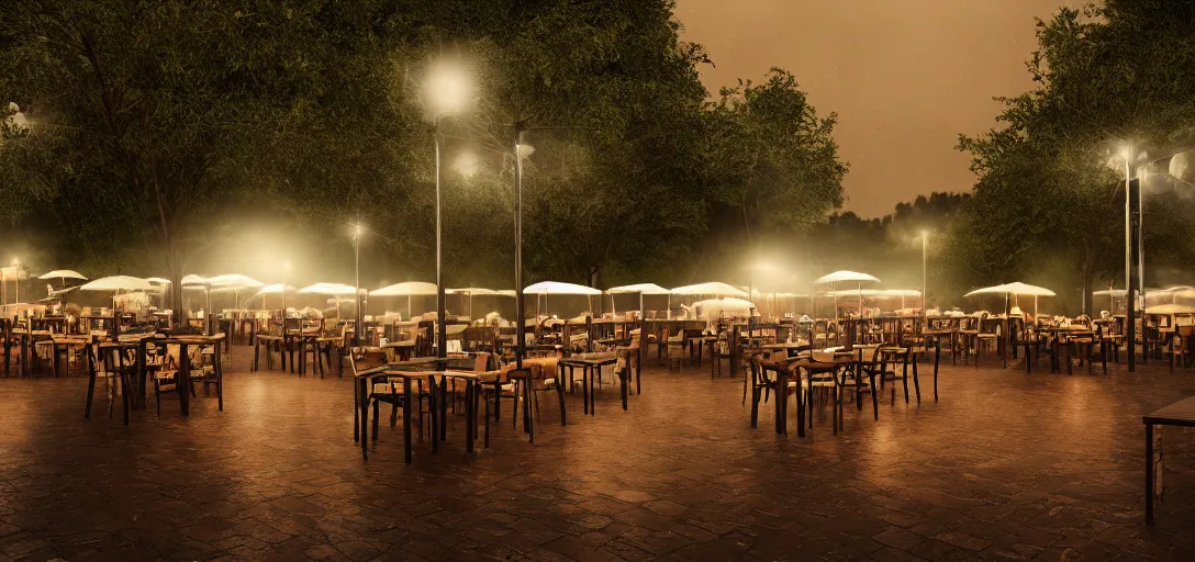 Prompt: Look of Small outdoor high profile restaurant, light rain, night, noire tents, digital art, 8k, moody details