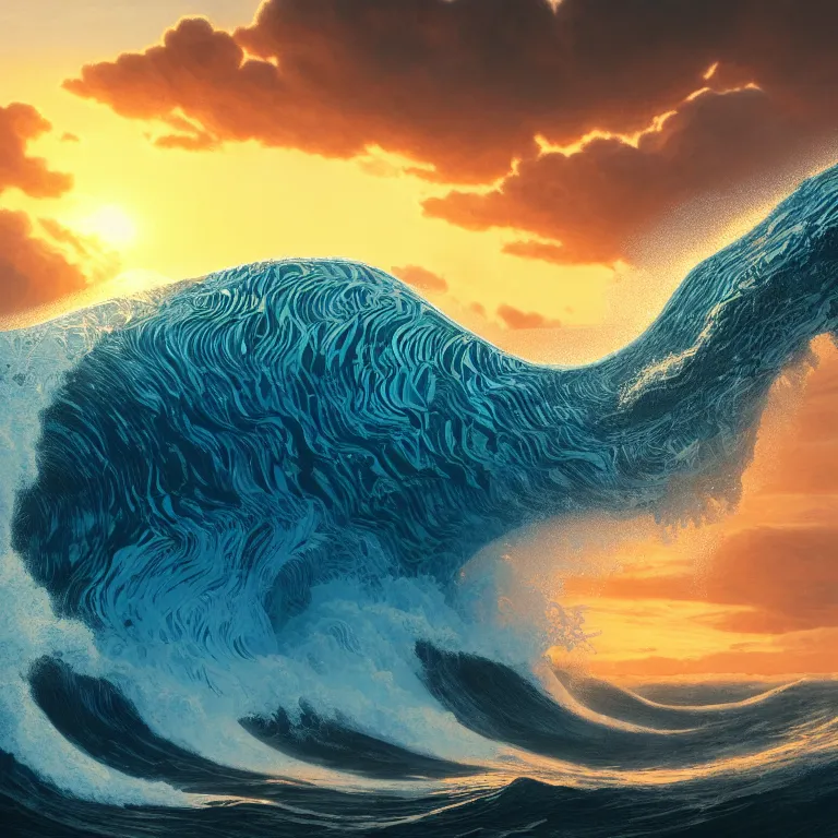 Prompt: a cinematic shot of an epic wave at sunset, hyperdimensional, by Andy Thomas, Mario Martinez, Daniel Mirante, Gustave Dore, Artstation, CGsociety, masterpiece