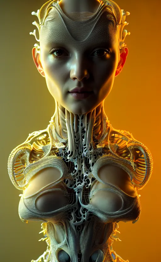 Image similar to intricate hyper detailed ultra sharp 3 d render of a beautiful smooth porcelain seductive cyborg woman portrait, medium shot portrait, bright light, alexandre ferra mecha, yellow deeply cyberpunk art nouveau haute couture huge fractal white mycelum and fungi head ornaments, big embroidered leaves filigree spreaded roots, octane render, volumetric cinematic lighting, 8 k, vray tracing