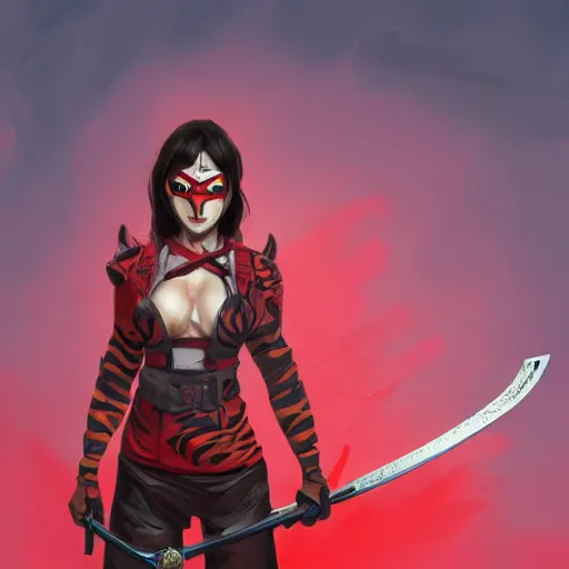 Image similar to a woman with tiger mask and a sword standing in front of a red background, concept art by evan jiang, senior character artist, artstation contest winner, vanitas, concept art, artstation hd, official art