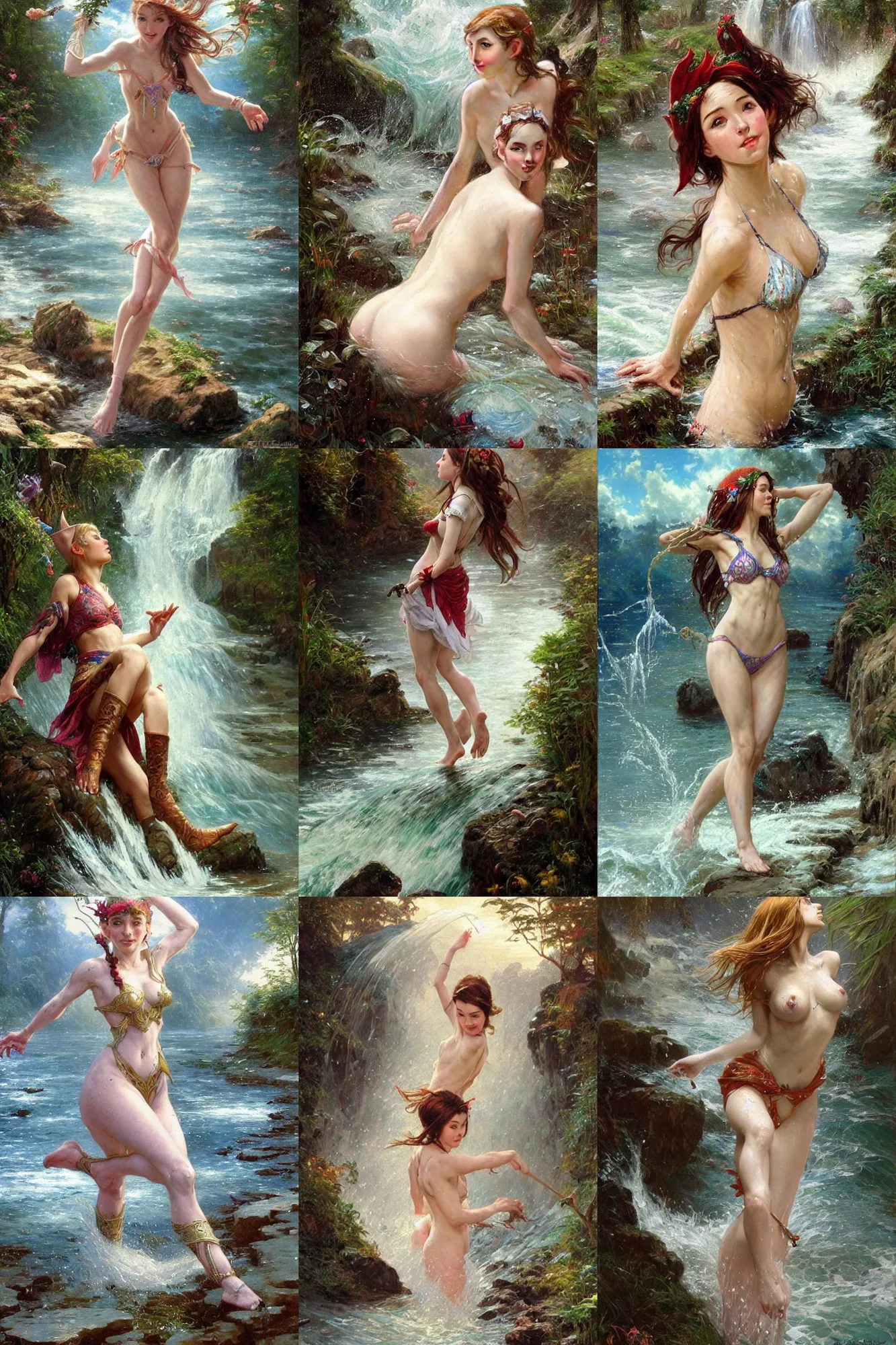Prompt: hyper-realistic portrait of beautiful high-fantasy elf girl splashing in the water at a river, intricate details, rule of thirds, by Stanley Artgerm Lau, by greg rutkowski, by thomas kindkade, by alphonse mucha, loish, by norman rockwell J.